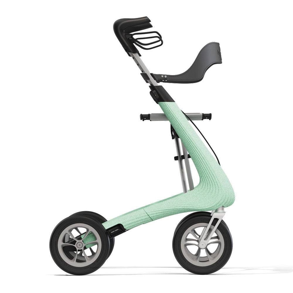 Full side profile of a green byACRE Nordic Pioneer rollator highlighting the optimal positioning of the attachable ergonomic backrest.